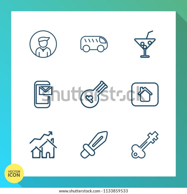 Modern, simple vector icon set on gradient\
background with door, phone, instrument, knight, left, glass,\
sword, folk, house, casual, summer, real, direction, male,\
cocktail, music, move, juice\
icons