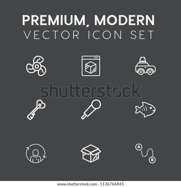 Modern, simple vector icon set on dark grey\
background with ventilation, security, house, cooling, electric,\
fish, cardboard, person, business, travel, online, suitcase, cool,\
audio, air, bag icons
