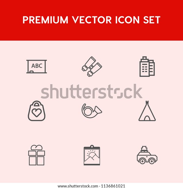 Modern, simple vector icon set on red background\
with search, vision, glasses, leather, object, package, giftbox,\
present, outdoor, equipment, box, blackboard, discovery, education,\
school, camp icons