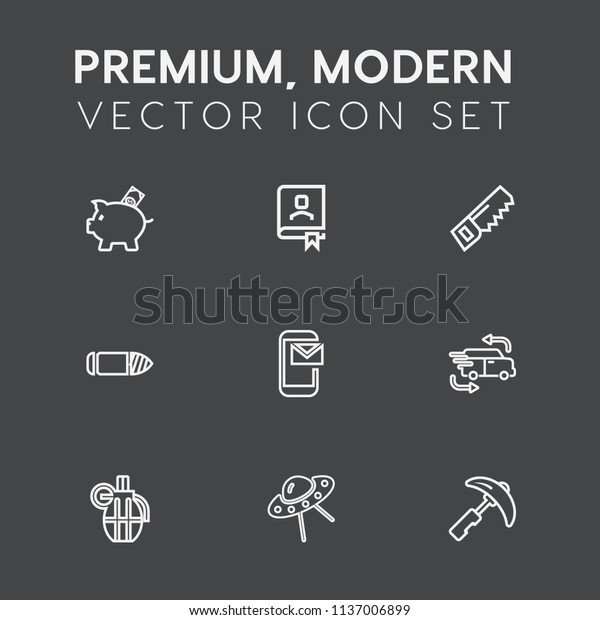 Modern, simple vector icon set on dark grey\
background with economy, transportation, gun, book, technology,\
picking, car, horizontal, mail, saw, banking, war, drill, address,\
money, contact, ufo\
icons