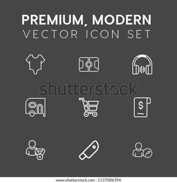 Modern, simple vector icon set on dark grey\
background with girl, trolley, female, fashion, food, audio,\
bodysuit, cut, retail, beautiful, cart, shop, body, pitch, sale,\
business, kitchen, goal\
icons