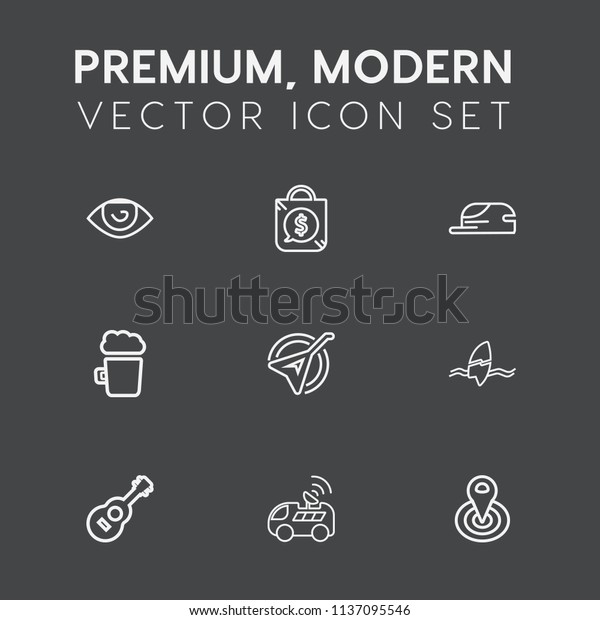 Modern, simple vector icon set on dark grey
background with satellite, instrument, technology, bag, vehicle,
drink, person, alcohol, head, hand, center, location, cycle, white,
fashion, label icons