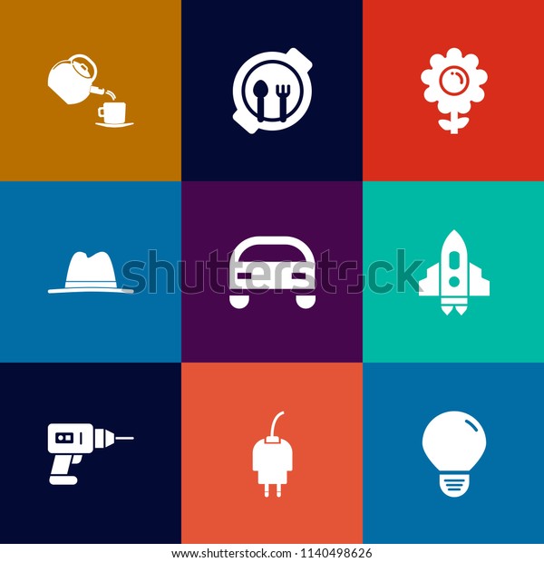 Modern, simple vector icon set on colorful flat\
backgrounds with summer, cable, blossom, table, plate, dish, bulb,\
cup, nature, power, car, light, spring, space, lunch, flower, hot,\
vehicle, tea icons
