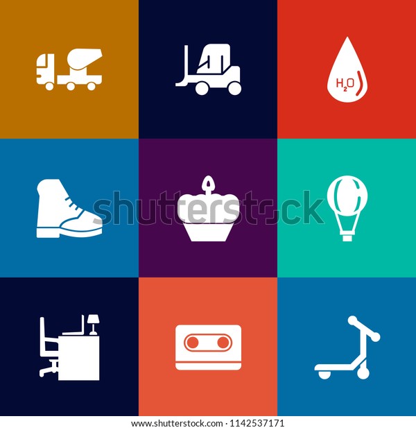 Modern, simple vector icon set on colorful flat\
backgrounds with parachute, transport, drop, water, cement,\
scooter, vehicle, industrial, mixer, jump, retro, liquid, clean,\
dessert, cassette\
icons