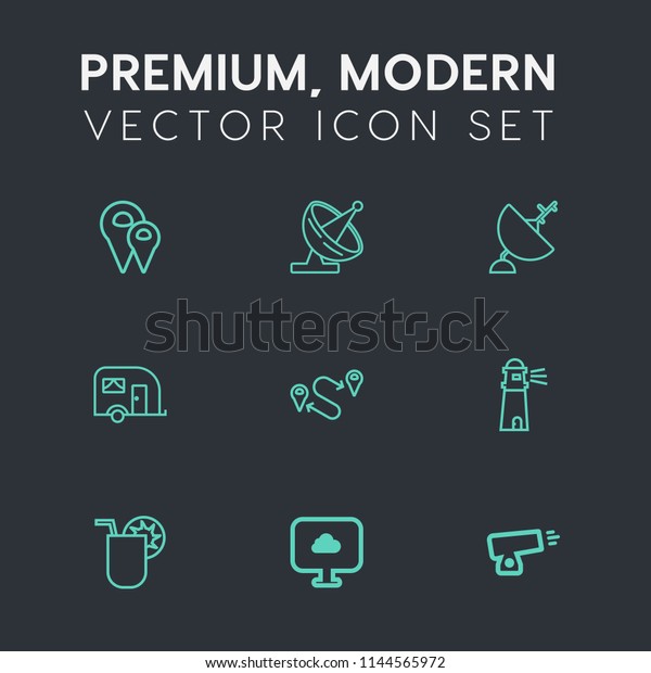 Modern, simple vector icon set on dark grey\
background with truck, wireless, equipment, juice, drink,\
communication, car, position, destination, dish, ocean, light,\
lighthouse, technology, point\
icons