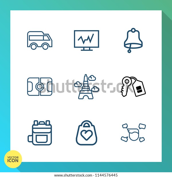 Modern, simple vector icon set on gradient\
background with tower, sign, hospital, highway, sport, ring,\
fashion, football, arrow, diagnostic, rucksack, leather, traffic,\
house, key, man, alarm\
icons
