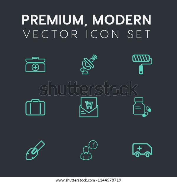 Modern, simple vector icon set on dark grey\
background with ambulance, bill, emergency, business, bag, receipt,\
brush, satellite, space, dish, earth, baggage, wireless, list,\
help, roller, kit\
icons