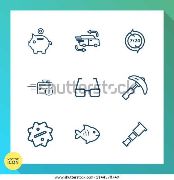 Modern, simple vector icon set on gradient\
background with equipment, transportation, fish, money, support,\
shipping, eyeglasses, late, banking, sky, business, discount, eye,\
computer, car, sign\
icons