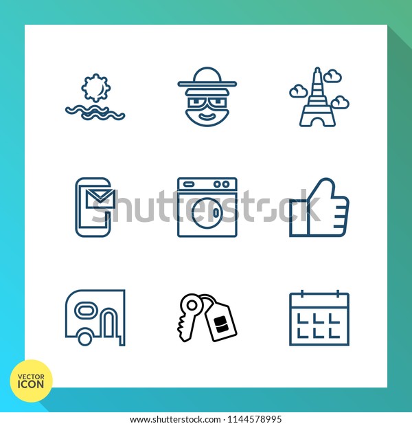 Modern, simple vector icon set on gradient\
background with key, security, find, house, cartoon, mail, france,\
eiffel, blue, machine, calendar, van, clean, washer, tower,\
landmark, character, day\
icons