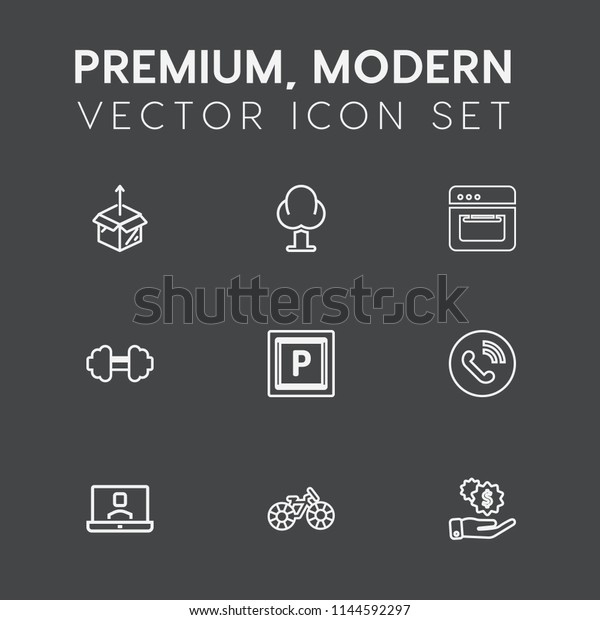 Modern, simple vector icon set on dark grey\
background with sport, gym, oven, cooking, forest, investment,\
business, cycle, street, transportation, ring, food, transport,\
cardboard, call, circle\
icons