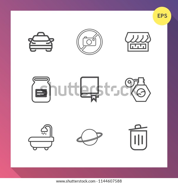 Modern, simple vector icon set on gradient\
background with planet, no, car, perfume, traffic, metal, business,\
camera, photography, book, aluminum, can, space, tin, photo,\
curtain, pump, store\
icons
