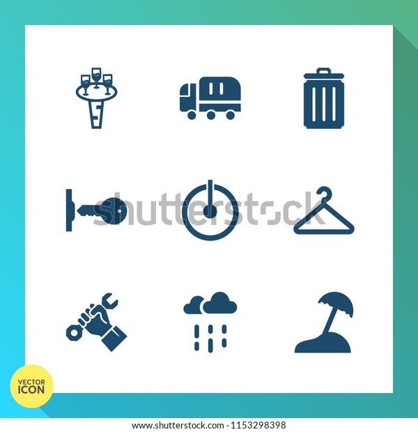Modern, simple vector icon set on gradient\
background with bin, cloakroom, recycling, liquid, off, bar,\
construction, drink, sea, transport, trash, water, delivery, key,\
cargo, sign, island, can\
icons