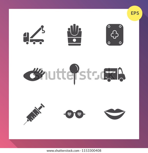 Modern, simple vector icon set on gradient\
background with accident, play, service, french, tow, unhealthy,\
sunglasses, casino, meal, dentist, game, snack, glasses, teeth,\
hippie, health, fast\
icons
