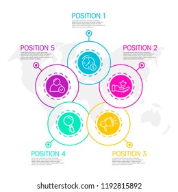 Modern and simple vector illustration. Five circles infographic template with arrows, elements, sectors and percentages. Designed for business, presentations, web design, 5 step diagrams.