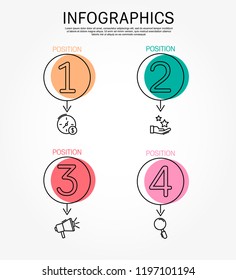 Modern and simple vector illustration. Four circles infographic template elements, sectors and percentages with icons. Designed for business, presentations, web design, 4 step diagrams.
