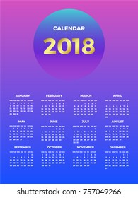 Modern and simple wall  calendar on 2018 year withblue and purple  colored gradient background.