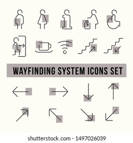 Modern simple wayfinding/ signage system icon set with concept. Thin line icons. Contains icon of restroom, exit, wheelchair, wifi, cafe, exit, information, trash, stairway and more.