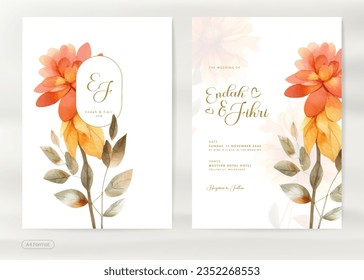 Modern and Simple Weding Invitation Template with Autumn Flower Watercolor