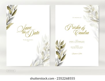 Modern and Simple Weding Invitation Template with Leaves Watercolor