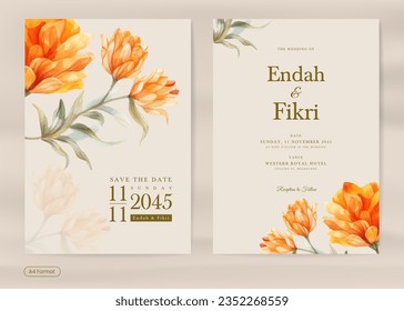 Modern and Simple Weding Invitation Template with Autumn Flower Watercolor