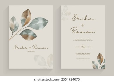 Modern and Simple Weding Invitation Template with Leaves Watercolor	