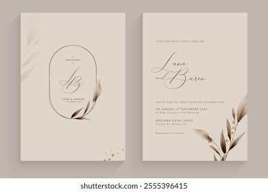 Modern and Simple Weding Invitation Template with Leaves Watercolor