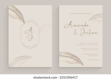 Modern and Simple Weding Invitation Template with Leaves Watercolor