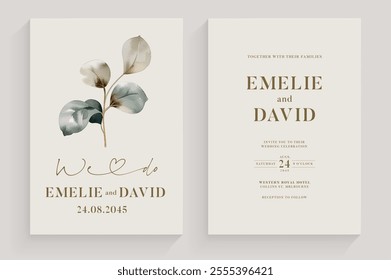 Modern and Simple Weding Invitation Template with Leaves Watercolor	