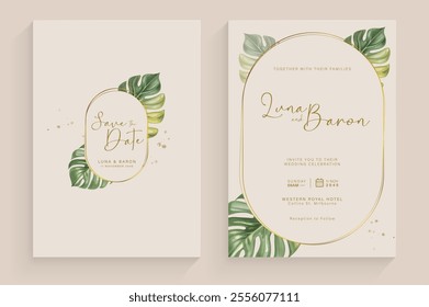 Modern and Simple Weding Invitation Template with Monstera Watercolor