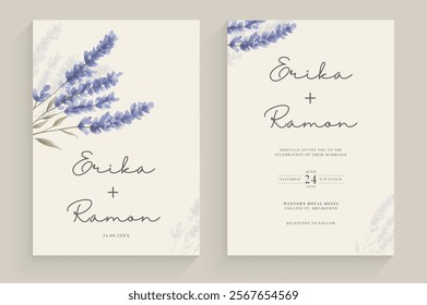 Modern and Simple Weding Invitation Template with Purple Flower Watercolor