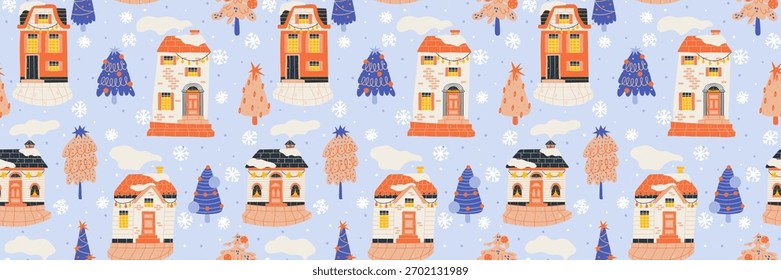 Modern simples pattern scandinavian village with tiny snow covered Christmas houses. Children's winter book illustrations and storybooks