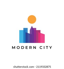 modern and simplicity city buildings with sun logo design in full color