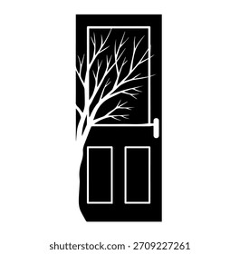 Moderne Einzeltür Bare Baum Silhouette Vektorgrafik: Winterzweig und Zweig-Design in rechteckiger Glasplatte