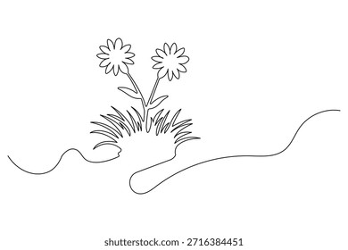 Arte moderno de una sola línea de hierba de primavera y flores silvestres para el concepto de Naturaleza minimalista