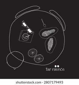 Modern single line drawing of breakfast table with fruits and coffee, abstract sweet doing nothing concept, minimalist chic poster design.