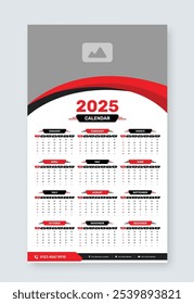 Modern single page wall calendar template for 2025 with cover image placeholder, Week start on sunday