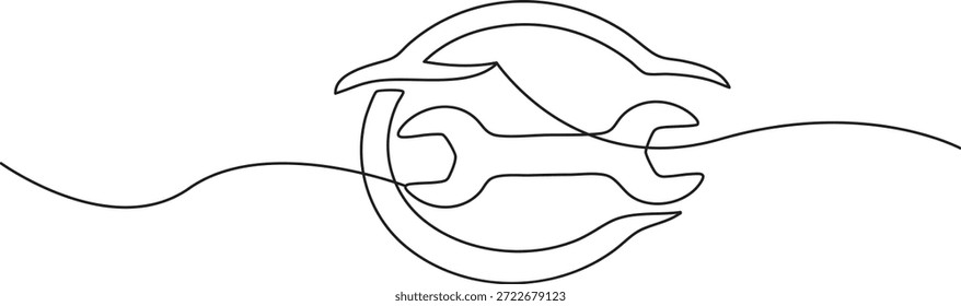 Modern single stroke line clean outline style of a wrench within a sleek car silhouette