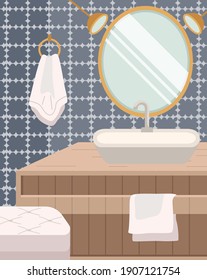 Modern sink table, mirror and bath towels flat vector illustration.. Bathroom interior design. Empty bath room. Dark design and layout of the room. Equipment and items for interior decoration