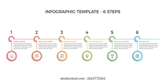 Modelo infográfico moderno de seis etapas com seções numeradas e círculos para ícones, ilustração vetorial eps10
