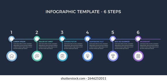 Modern six-step infographic template with numbered sections and circles for icons, dark background, vector eps10 illustration