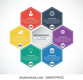 Infografía moderna de flujo de trabajo de seis pasos en diseño hexagonal