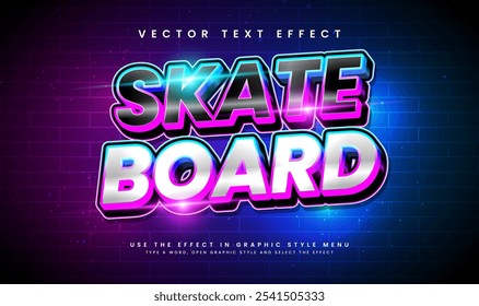 Efeito de texto vetorial editável de skate moderno com conceito de luz brilhante. 