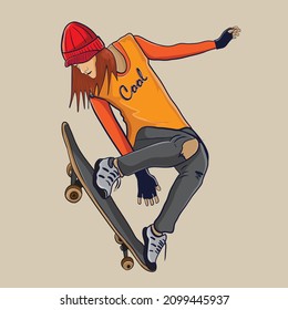 modern skater jumping with the skateboard. Young people skate boarding. Modern street activity. Colored flat vector illustration of active teenager riding longboards isolated on light background.