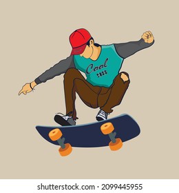 modern skater jumping with the skateboard. Young people skate boarding. Modern street activity. Colored flat vector illustration of active teenager riding longboards isolated on light background.