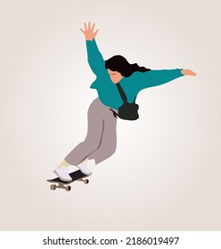 Modern skater jumping with skateboard. Young girl skate boarding. Modern street activity. Colored cartoon style flat vector illustration of active teenager riding longboard isolated 