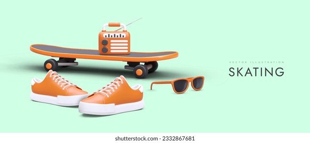 Patinaje moderno con música. Patineta realista, radio portátil, gafas de sol, zapatillas de deporte. Un estilo de vida deportivo divertido. Animación juvenil. Afiche horizontal de publicidad en color