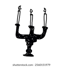 modern sketch of doodle candle holder with three candles isolated on transparent background. Vector hand drawn art, childlike naive illustration clip art