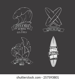 Modern Sketch isolated set of surfing illustration logo emblem with lettering. set for presentation, infographics, flyer, printing on T-shirt