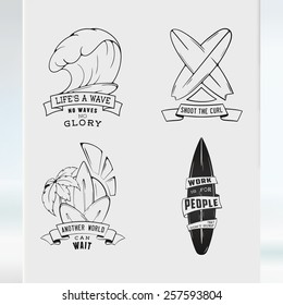 Modern Sketch isolated set of surfing illustration logo emblem with lettering. set for presentation, infographics, flyer, printing on T-shirt