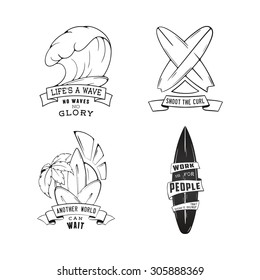 Modern Sketch isolated set of surfing illustration logo emblem with lettering. Design element, Logo.